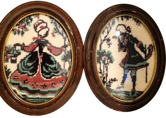 Vintage Scandinavian Needlepoint Couple in Oval Wooden Frames - Hand-Stitched Wall Art, Set of 2