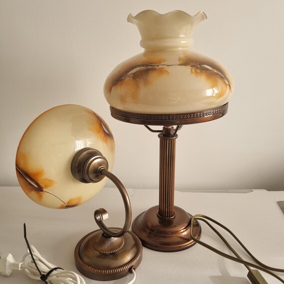 Scandinavian Strindberg table lamp ,Pair of vintage ART DECO style table and wall lamps, Marble glass shade - 1960s retro design