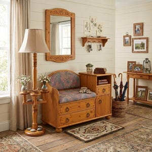 Puede incluir: Un conjunto de muebles de entrada de madera que incluye una lámpara de pie con pantalla beige, un espejo con detalles tallados y un banco de almacenamiento con dos cajones y un armario. El banco tiene un cojín estampado y una mesa auxiliar.