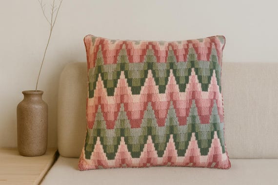 Wool Needlepoint Pillow - Scandinavian – Bright Folk Art Geometric Pattern – Colorful Boho Home Decor