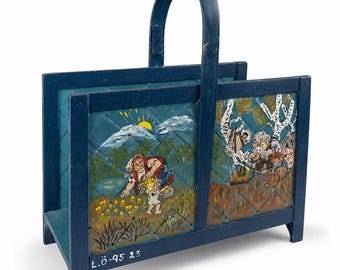 Scandinavian Troll Folk Art Magazine Holder, Hand Painted Storybook Art