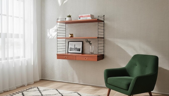 Danish teak  String Shelf with Drawers, 1960s Scandinavian Wall Unit