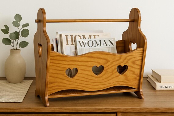 Scandinavian vintage magazine holder made of wood - rustic pine wood holder for books, records or cozy living room decoration