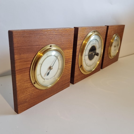 Vintage Weather Station Set – Thermometer, Barometer & Hygrometer in Teak Wood and Brass