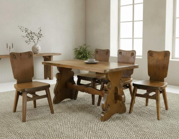 Brutalist Wabi Sabi Dining Set Antique Swedish Farmhouse Table and Chairs Rustic Pine Patina