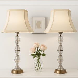 Signed Carl Fagerlund Table Lamp Pair – Orrefors Crystal & Brass, Original Shades, Swedish Mid-Century (1960s)