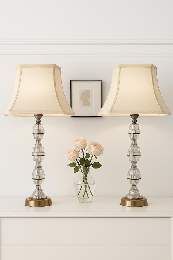 Original Signed Carl Fagerlund Table Lamp Pair – Orrefors Crystal & Brass, Original Shades, Swedish Mid-Century (1960s)