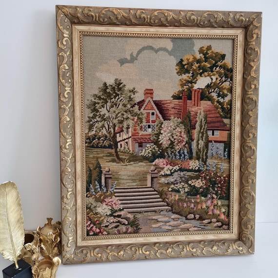 Handmade Gobelin, Large and Rare Antique Wool Tapestry in Gilded Baroque Frame – 19th Century Victorian Needlepoint Cottage Scene Wall Art