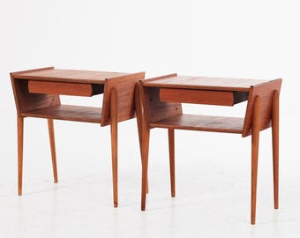 Mid Century Teak Bedside Tables Pair, Swedish Nightstands, Floating Drawer, Early IKEA Ante 1950s