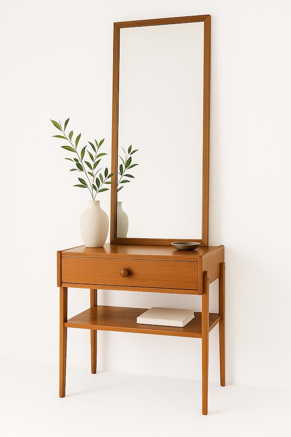 Danish Teak Hallway Console with Mirror: Mid-Century Modern Entryway 1960s