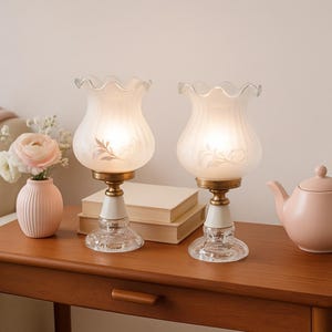 Vintage Frosted Glass Table Lamps Pair Floral Etched Lamps Brass and Glass Base Romantic Cottagecore Lighting