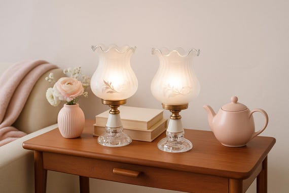 Vintage Frosted Glass Table Lamps Pair Floral Etched Lamps Brass and Glass Base Romantic Cottagecore Lighting