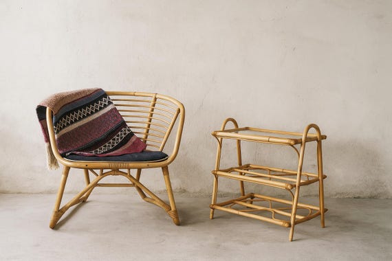 Vintage Bamboo & Rattan Lounge Set – Rare 1950s Scandinavian Patio Chair - Side Table – Rohe Noordwolde Style –Mid-Century Modern Boho Decor