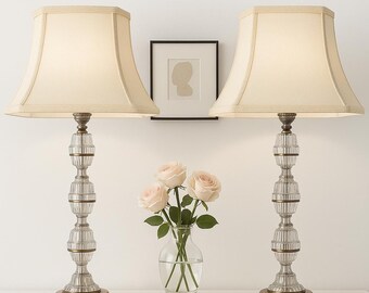 Signed Carl Fagerlund Table Lamp Pair – Orrefors Crystal & Brass, Original Shades, Swedish Mid-Century (1960s)