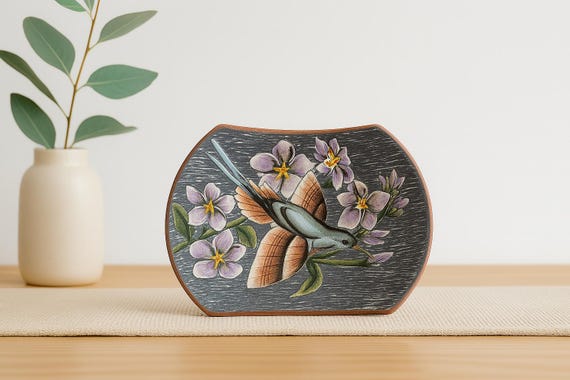 Vintage Swedish Allingsås Ceramic Plate – Hand-Painted Bird & Flowers – Scandinavian Art Pottery – Signed Anika – Rare Decor