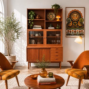 Scandinavian Mid-Century Teak Display Cabinet with Pull-Out Desk | Danish Modern Hutch | Glass Cabinet | 1960s–70s Storage Sideboard