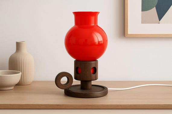 Vintage Markslöjd Boda Table Lamp – Designed by Erik Höglund, Pine Wood & Opal/Orange Cased Glass, Sweden, ca. 1970