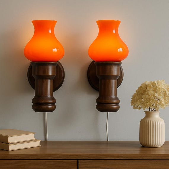 MCM Scandinavian Wall Lamps by Markslöjd Boda – 1970s Pine & Cased Glass – Rare Vintage Pair