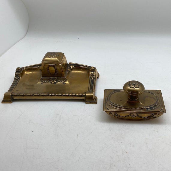 Art Nouveau Brass Desk Set - Elegant Office Accessory with Inkwell and Seal Press