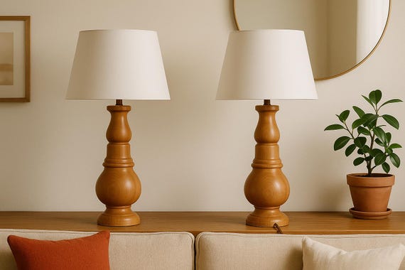 Pair of Vintage Turned Solid Wood Large Table Lamps – Traditional Colonial Style Lighting, Rustic Farmhouse Decor, Mid Century Home Accent
