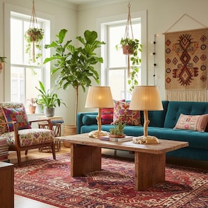 Op de afbeelding: Een woonkamer met een blauwgroene gecapitonneerde bank, een houten salontafel met twee lampen en een fauteuil met bloemenpatroon. De ruimte bevat een groot rood vloerkleed met patronen, diverse kamerplanten en wandkleden aan de lichte muren.