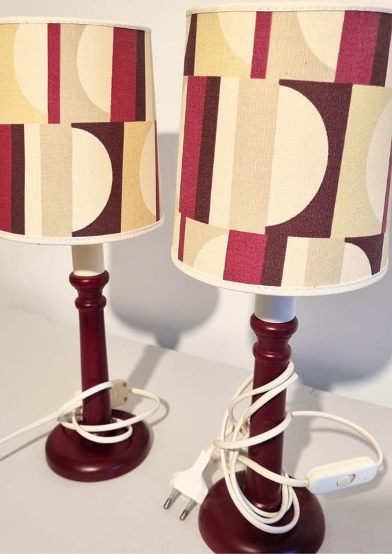 Rare Pair - Pair of Mid-Century Modern Table Lamps - Cherry Beech with Original Retro Shades, 1970s, Scandinavian Romantic Design