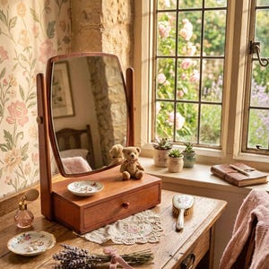 May include: A wooden dressing table mirror with a drawer, a teddy bear, and decorative items. The mirror is oval-shaped and set on a wooden base. A perfume bottle, a brush, and two small plates are on the table. The background features a window and floral wallpaper.