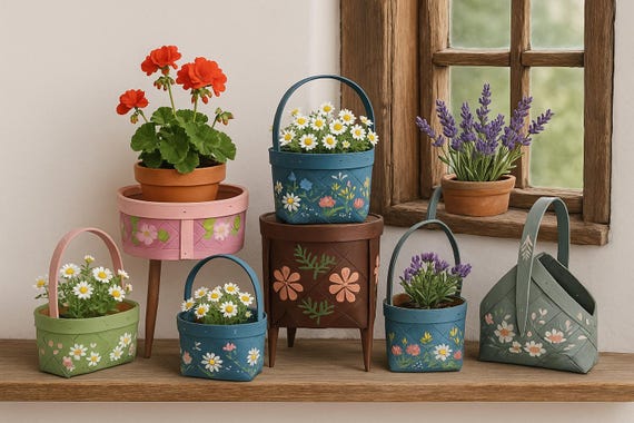 Hand-Painted Woven Basket Set: Scandinavian Floral Boho Decor