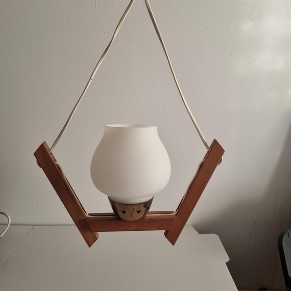Teak and Glass Pendant Lamp – 1950s , Mid-Century Scandinavian Retro Lighting