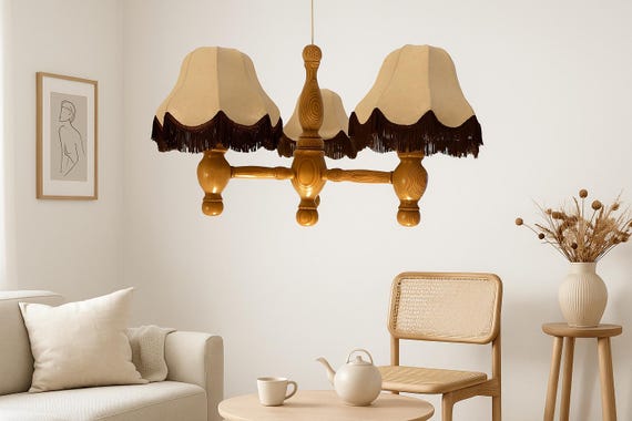 Vintage Scandinavian Pine Chandelier – Retro Wooden Ceiling Light with Fabric Lampshades , Mid century Modern Ceiling