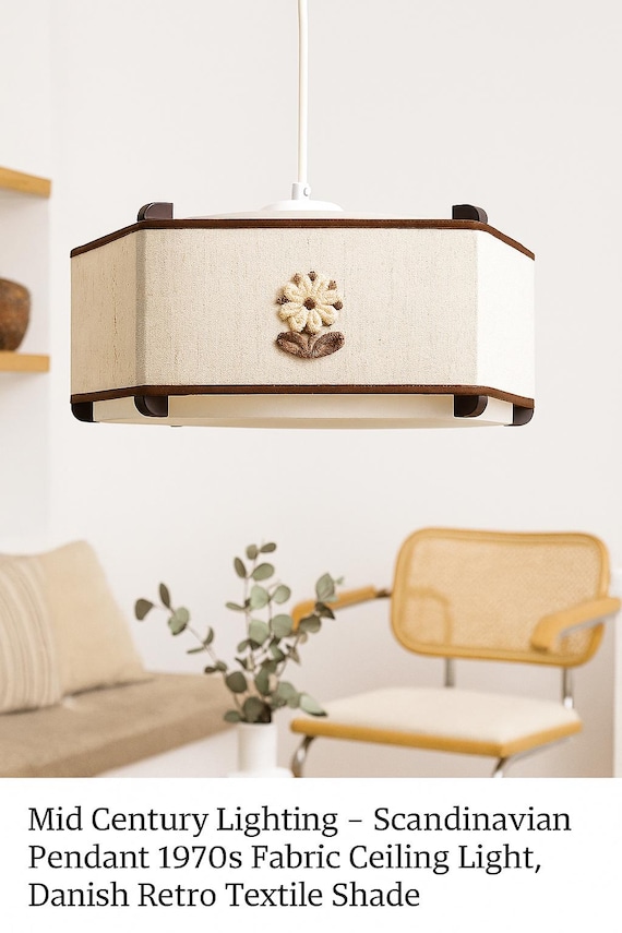 Mid Century Lighting – Scandinavian Pendant, 1970s Fabric Ceiling Light, Danish Retro Textile Shade