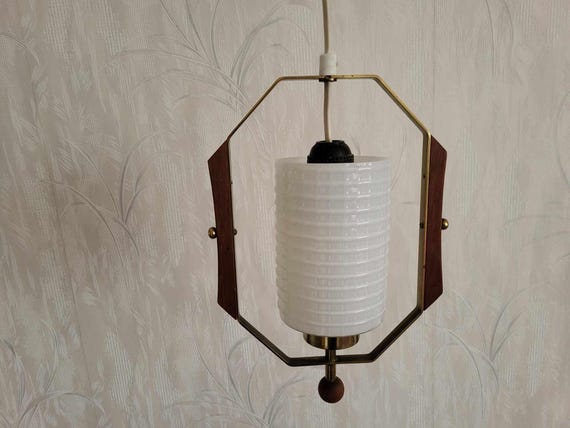 Scandinavian Mid Century Ceiling Lamp Teak and Brass , Milk Glass Shade 1960s 70s Indoor Outdoor
