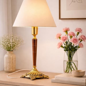 Brass Table Lamp Mid Century Teak Wood Ornate Base Scandinavian Europe 1960s image 1
