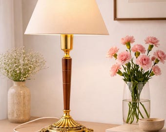 Brass Table Lamp Mid Century Teak Wood Ornate Base Scandinavian Europe 1960s