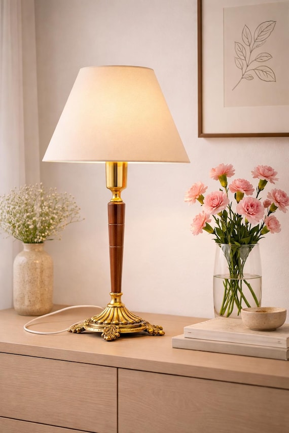 Brass Table Lamp Mid Century Teak Wood Ornate Base Scandinavian Europe 1960s