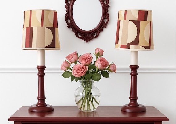 Pair of Mid-Century Modern Table Lamps - Cherry Beech with Original Retro Shades, 1970s, Scandinavian Romantic Design