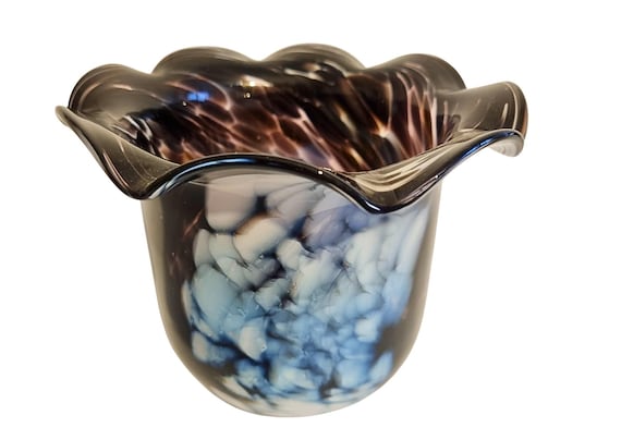 Scandinavian Handblown Glass Vase – Purple & White Cloud Pattern, Unique Swedish Art Glass Vase – Wavy Rim, Handcrafted by Järvsjö