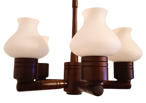 Vintage Teak & Opaline Glass Chandelier - Mid Century Modern Danish Light