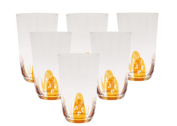 Vintage Hovmantorp Amber Cut Crystal Glasses – Set of 6 Swedish Etched Floral Tumblers – Mid Century Barware