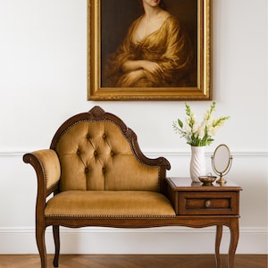 Vintage Ochre Velvet Gossip Bench: French Provincial Telephone Table