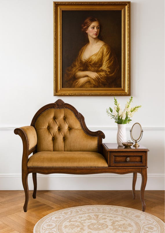 Vintage Ochre Velvet Gossip Bench: French Provincial Telephone Table