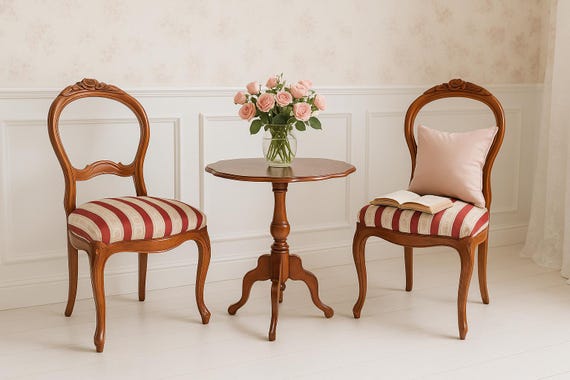 Louis XV Style Antique Chair and Table Set – Late 19th Century – Carved Wood & Upholstered Seating