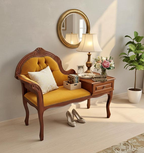 Vintage  Gossip Bench with Drawer – Elegant Entryway Seat / Vanity Chair-Telefon bench