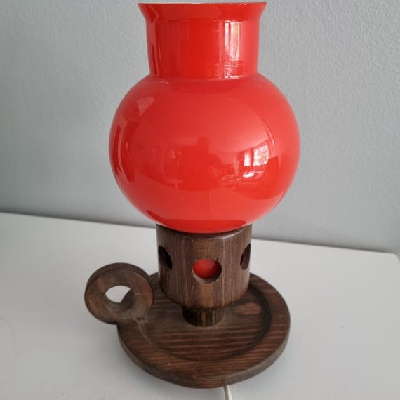 Vintage Markslöjd Boda Table Lamp – Designed by Erik Höglund, Pine Wood & Opal/Orange Cased Glass, Sweden, ca. 1970