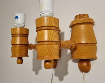 Vintage Pine Wood Wall Sconces: Scandinavian Retro Lamp Pair, 1970s