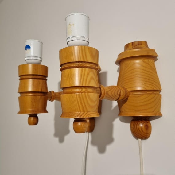Pine Wood Wall Lamps –Lamp Pair of Scandinavian, 1970s Vintage Wall Sconces ,Original Lampshades , Retro Lamp Pair
