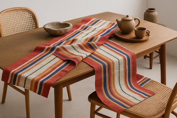 Vintage Swedish Handwoven Table Runner – Rustic Folk Style in Natural Linen, Brown & Red Stripes – Scandinavian Farmhouse Decor
