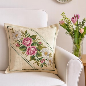 Vintage Hand Embroidered Pillow – Cross Stitch Cushion with  Roses – Colorful Boho Home Decor