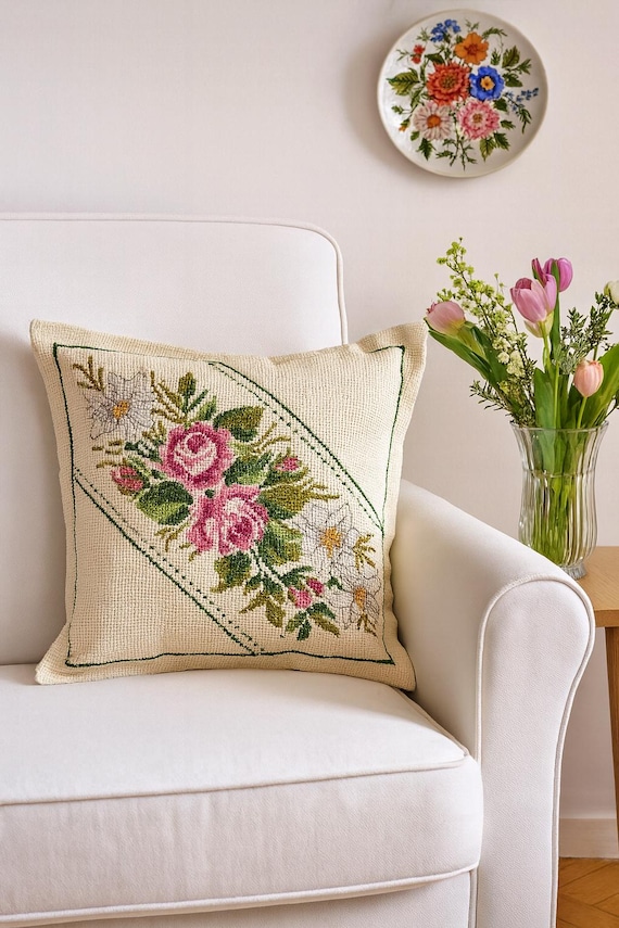 Vintage Hand Embroidered Pillow – Cross Stitch Cushion with  Roses – Colorful Boho Home Decor