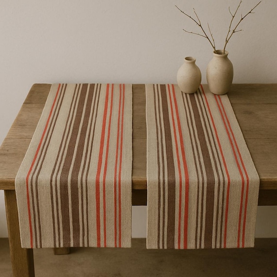 Vintage Swedish Handwoven Table Runner – Rustic Folk Style in Natural Linen, Brown & Red Stripes – Scandinavian Farmhouse Decor